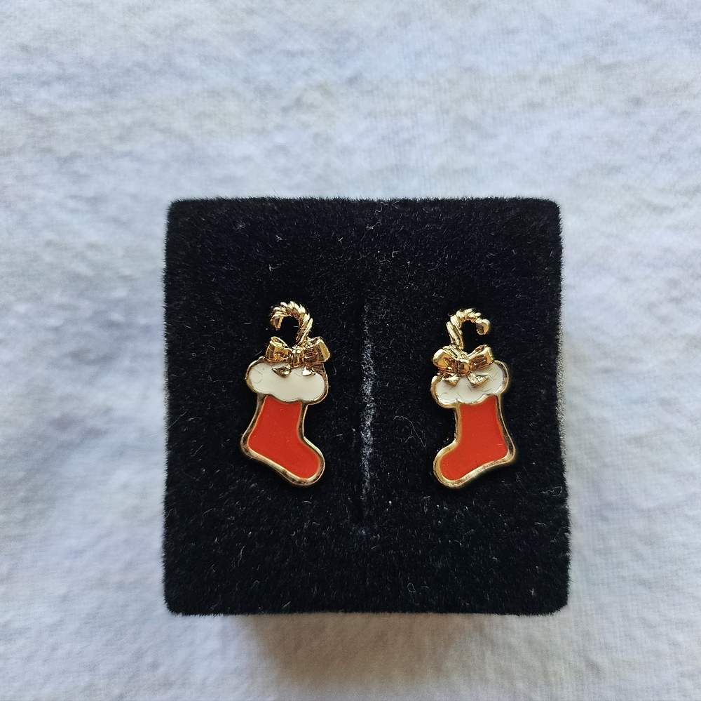 Vintage Avon Festive Accents Holiday Earrings, Santa's Stocking, Red, Gold, NIB